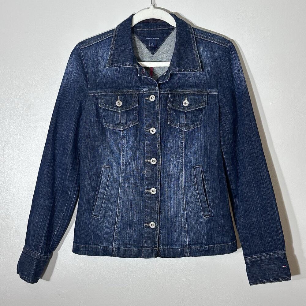 Tommy Hilfiger Jean Jacket Womens Medium Blue Denim Basic Classic Stretch Logo